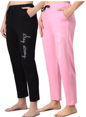 Cotton Blend Straight Fit Trouser for Women (Black & Pink, M) (Pack of 2)